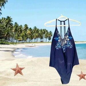 Aqua Rose Blue with Floral  Swim Suit with Open Back, Size Medium